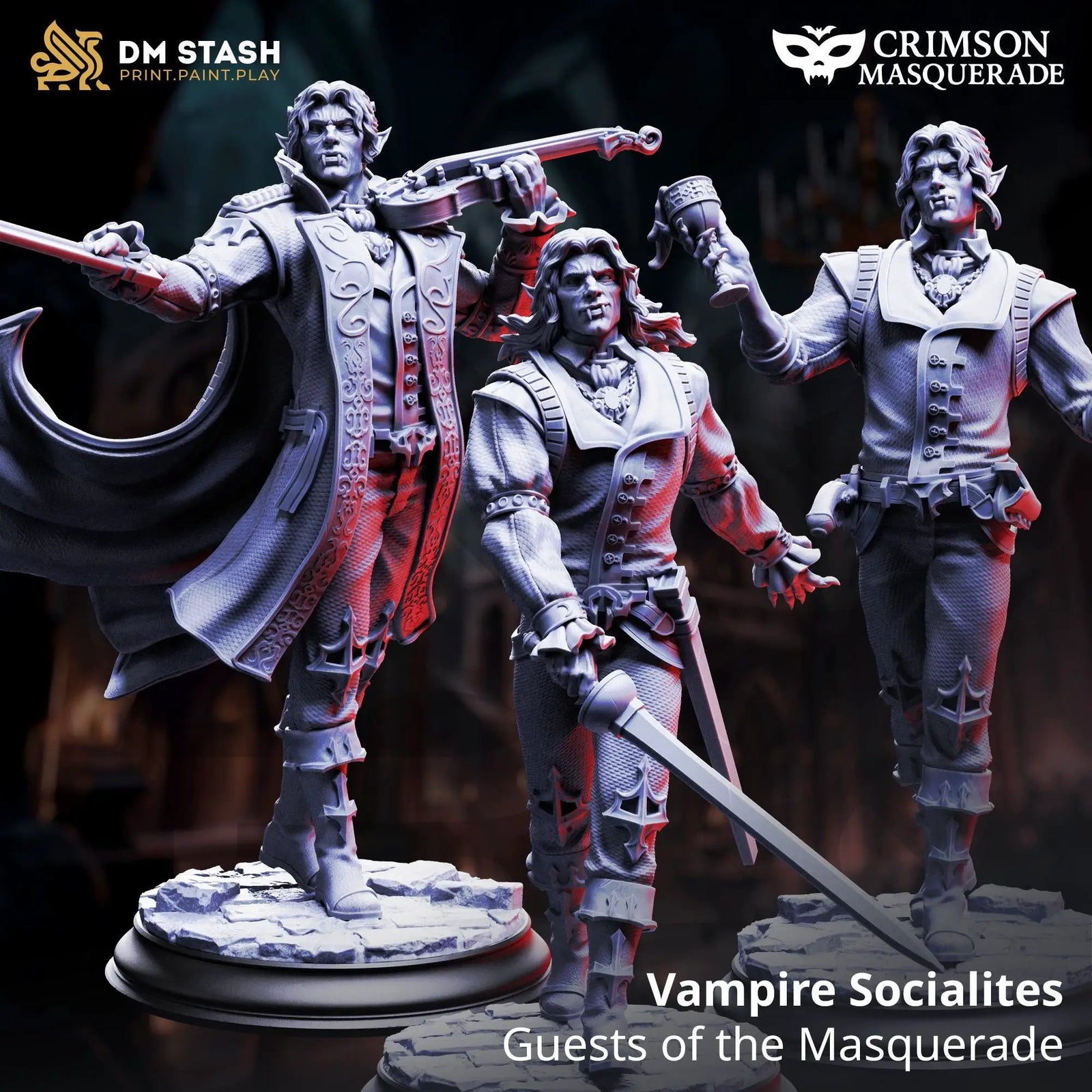 Three 3D printed Vampire Socialites miniatures by Last Hope Miniatures, featuring detailed vampire characters for tabletop gaming.