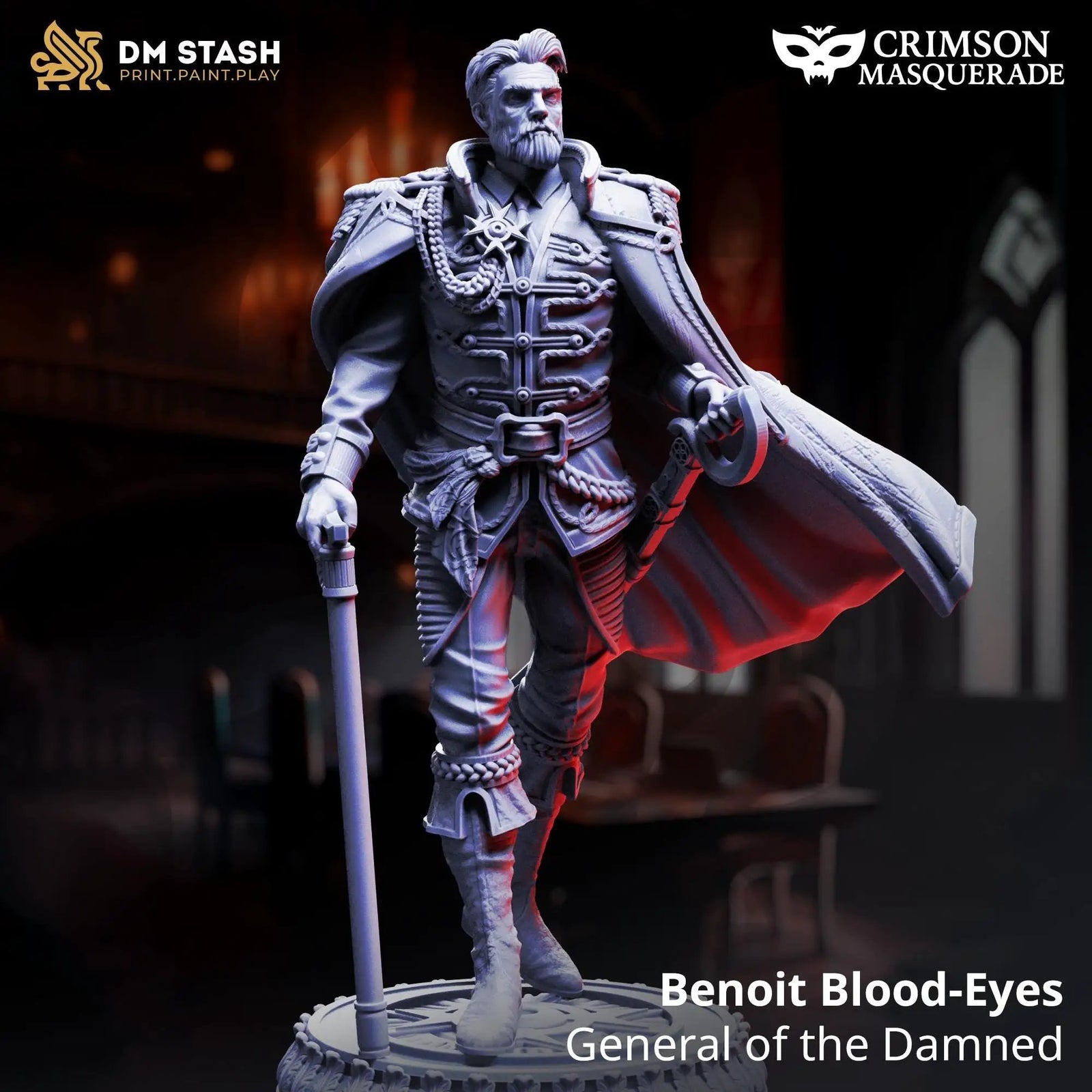 3D printed miniature of General of the Damned Benoit Blood-Eyes by Last Hope Miniatures, detailed figure with dark armor and menacing pose