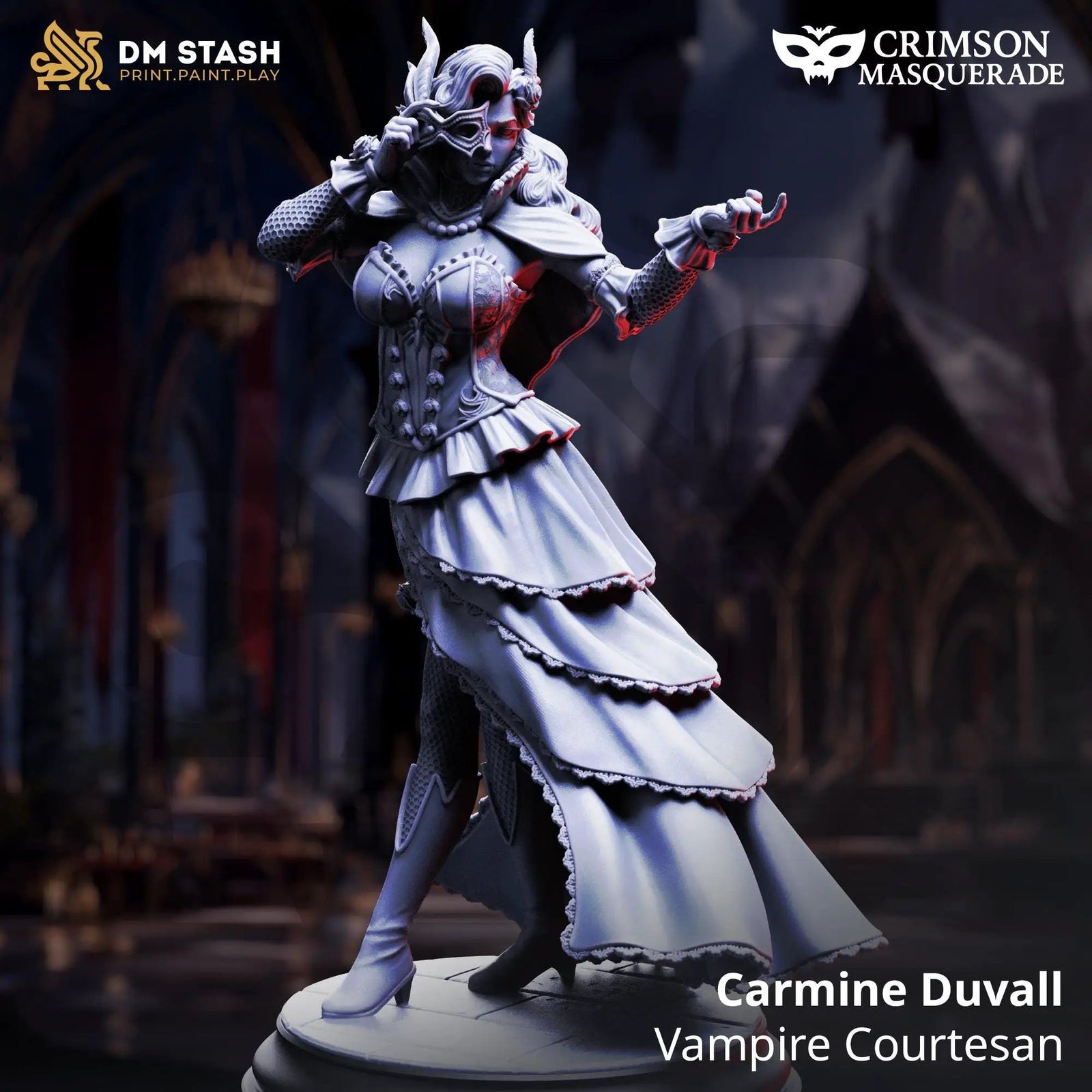 3D printed Vampire Courtesan miniature by Last Hope Miniatures, featuring a detailed Carmine Duvall character in gothic attire.