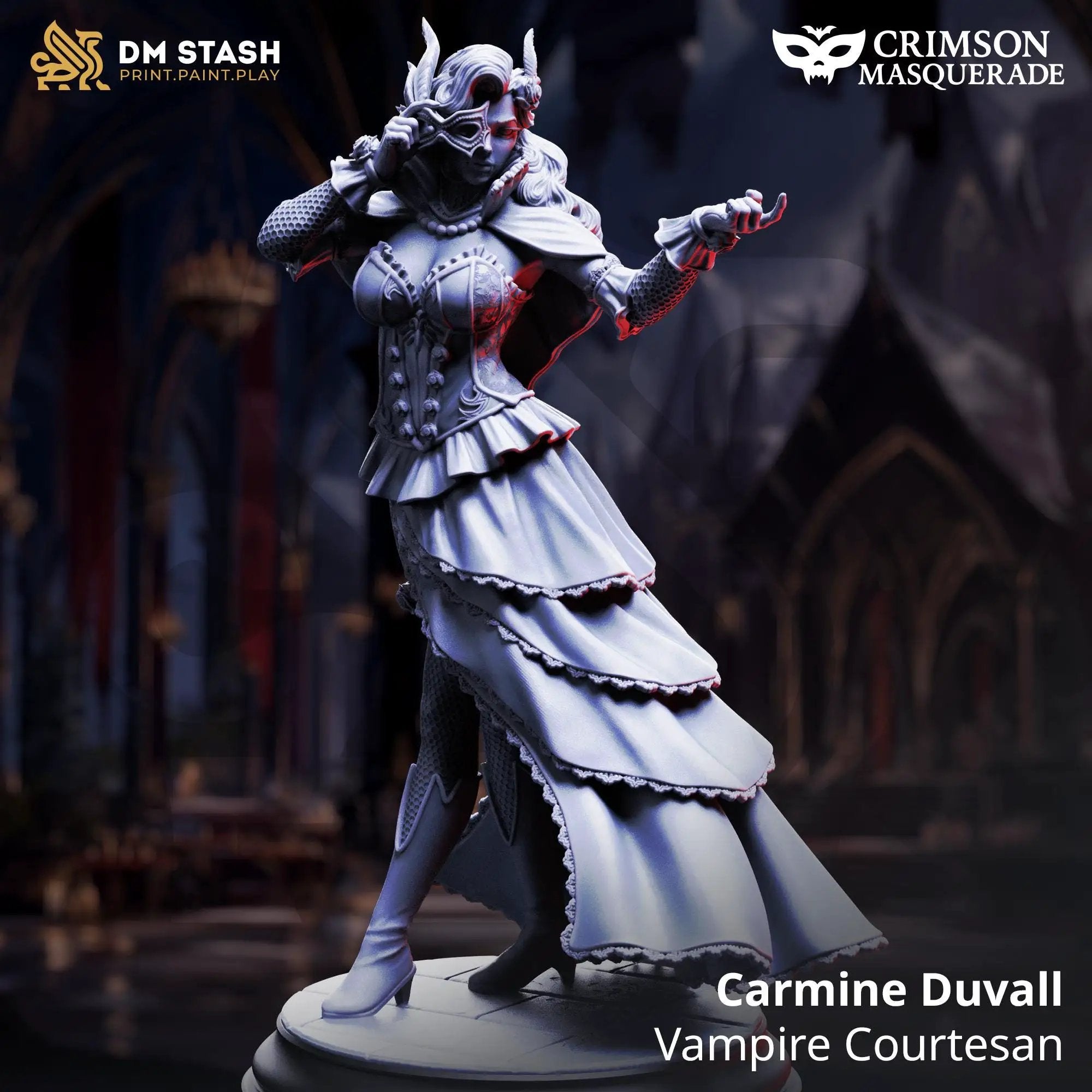 3D printed Vampire Courtesan miniature by Last Hope Miniatures, featuring a detailed Carmine Duvall character in gothic attire.