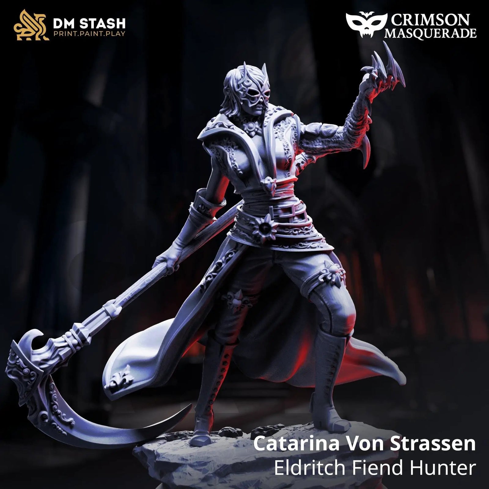 3D printed Eldritch Fiend Hunter miniature of Catarina Von Strassen by Last Hope Miniatures, detailed model for tabletop gaming.