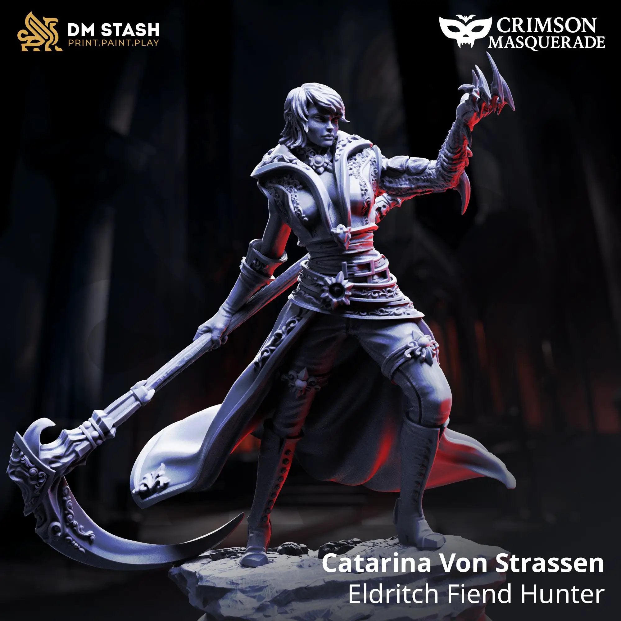 3D printed Eldritch Fiend Hunter figure by Last Hope Miniatures, featuring Catarina Von Strassen with detailed armor and weapon.