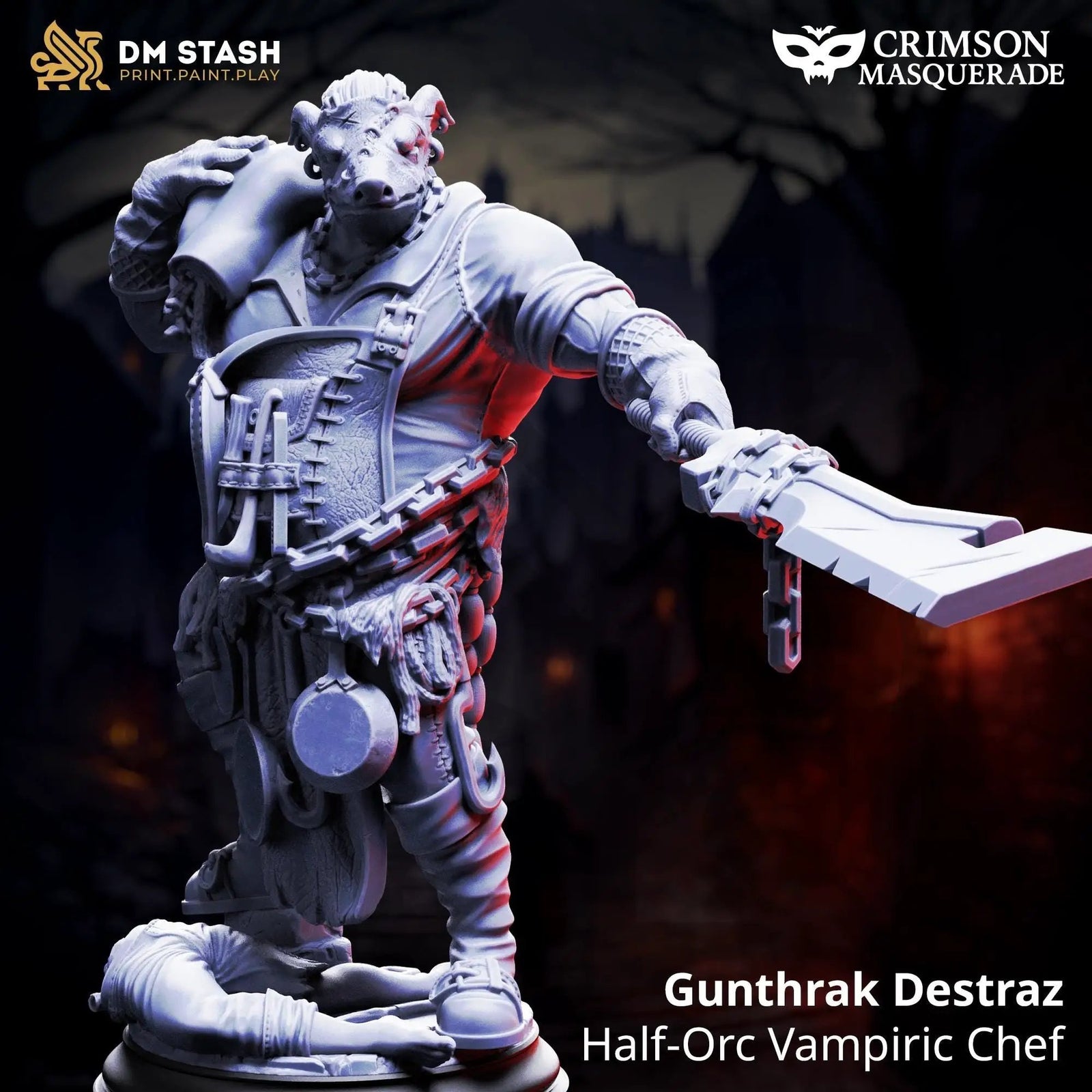 3D printed Half-Orc Vampiric Chief figure by Last Hope Miniatures, featuring gunthrak destraz with detailed armor and weapon accessories.