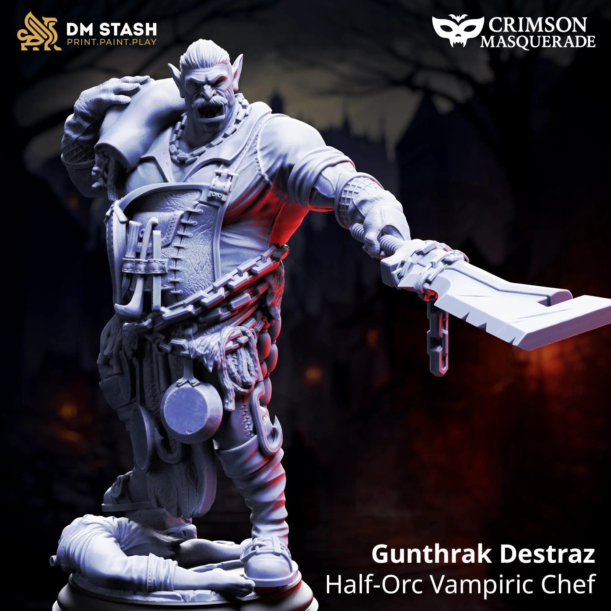 3D printed Half-Orc Vampiric Chief miniatures with detailed armor and weapon, designed by Last Hope Miniatures for DM Stash.