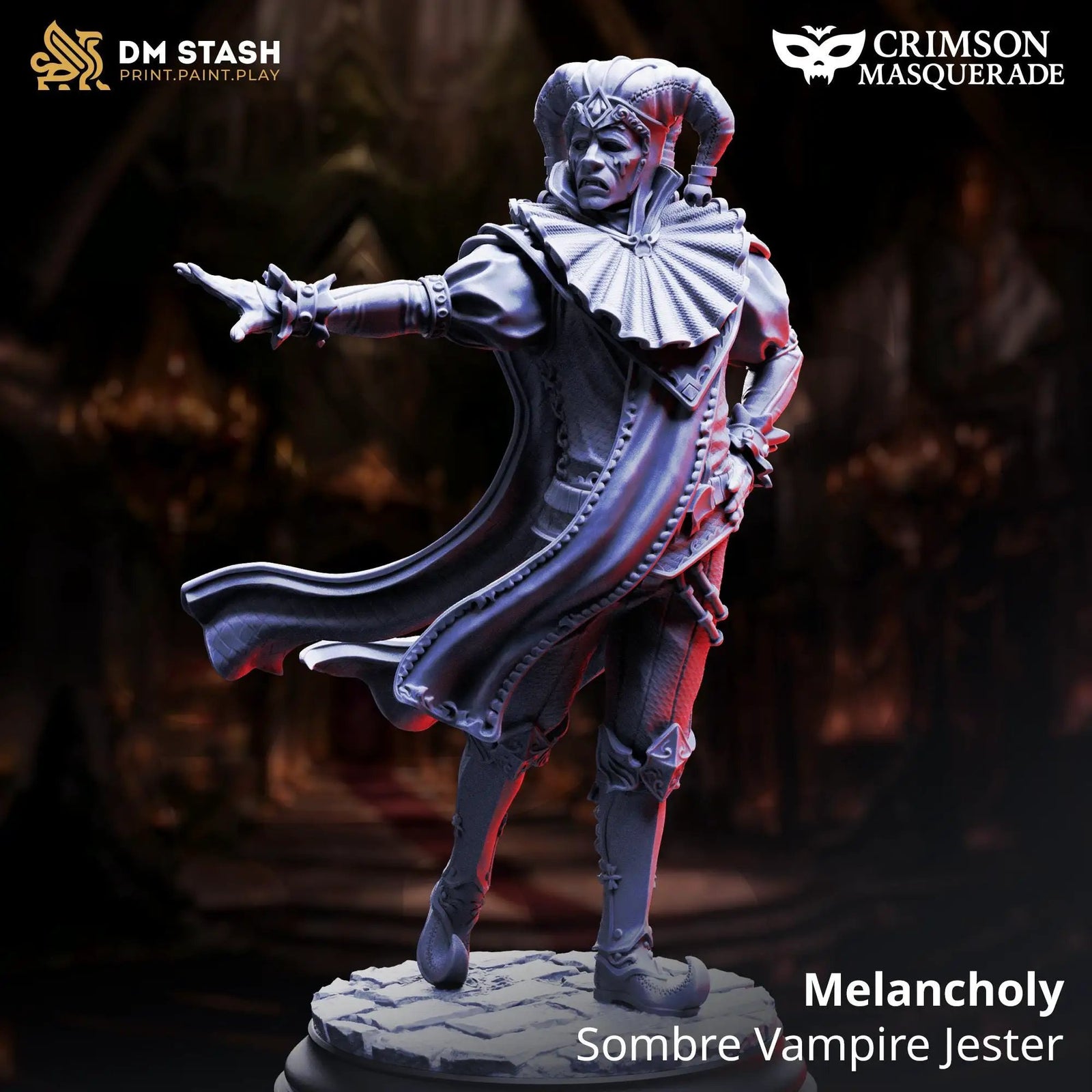 3D printed Vampire Jester miniature from Last Hope Miniatures' Melancholy Sombre collection, featuring a dark, whimsical jester with vampire details.
