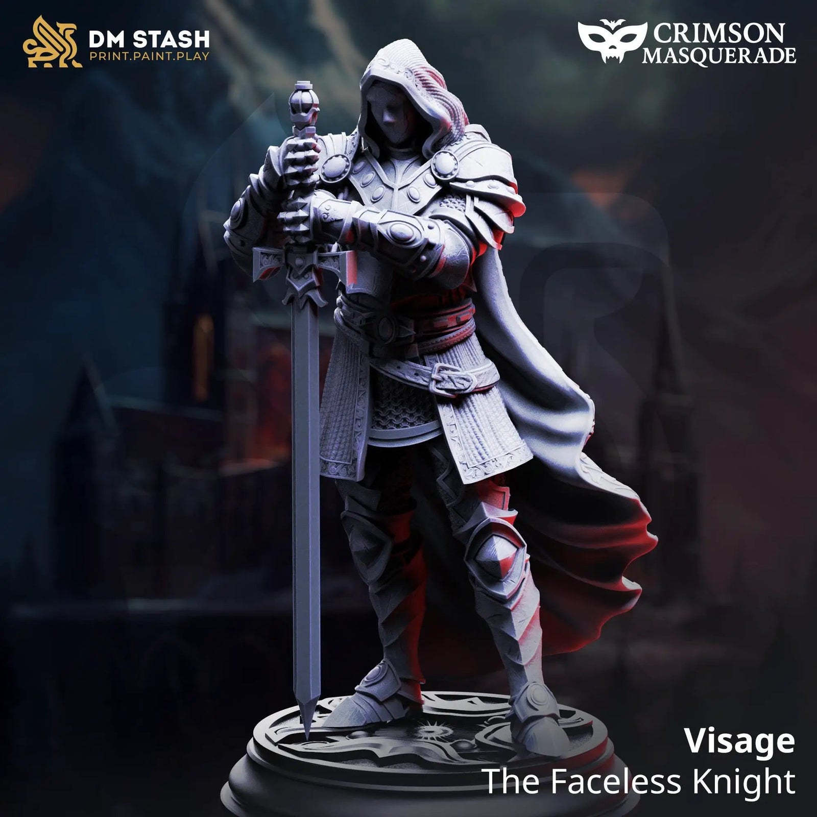 3D printed Faceless Knight miniature from Last Hope Miniatures' Visage series by DM Stash, showing intricate armor details and faceless design.