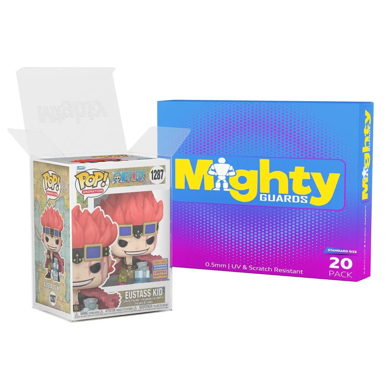 Standard size Mighty Guards 20-pack Pop! accessory from THE MIGHTY HOBBY SHOP, featuring colorful protective guards on a white background.