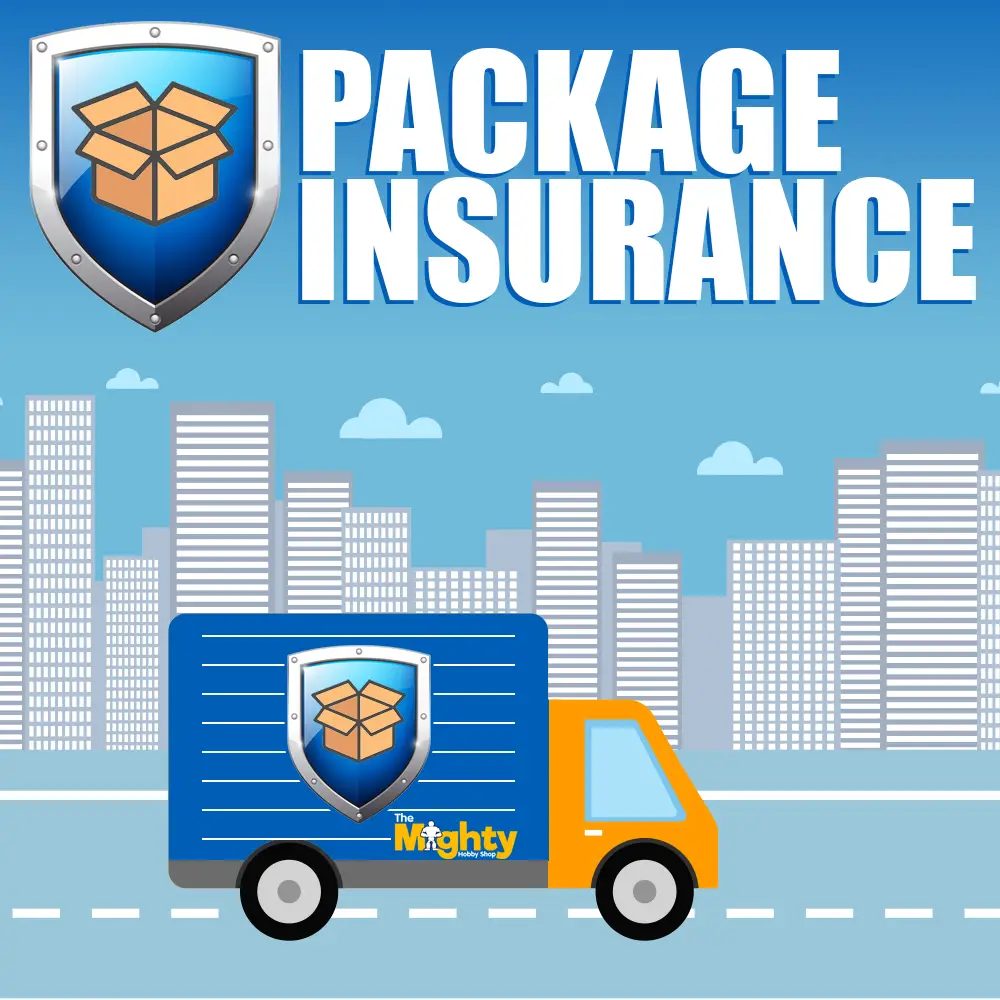 Package Protection Insurance document from THE MIGHTY HOBBY SHOP, showcasing coverage details for package security.