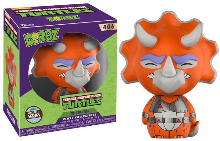 Funko Dorbz TMNT Triceraton figure from Specialty Series, detailed green alien toy with orange eyes and armored design.