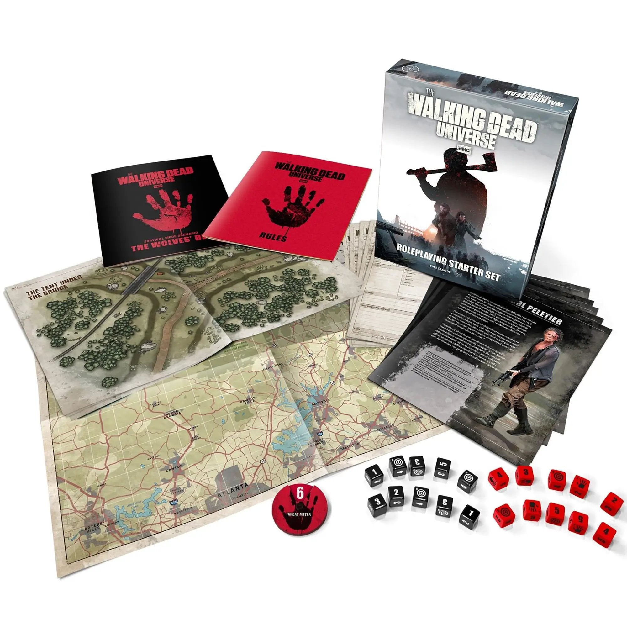 The Walking Dead Universe Starter Set by Imagining Games featuring role-playing game box with character and game components.