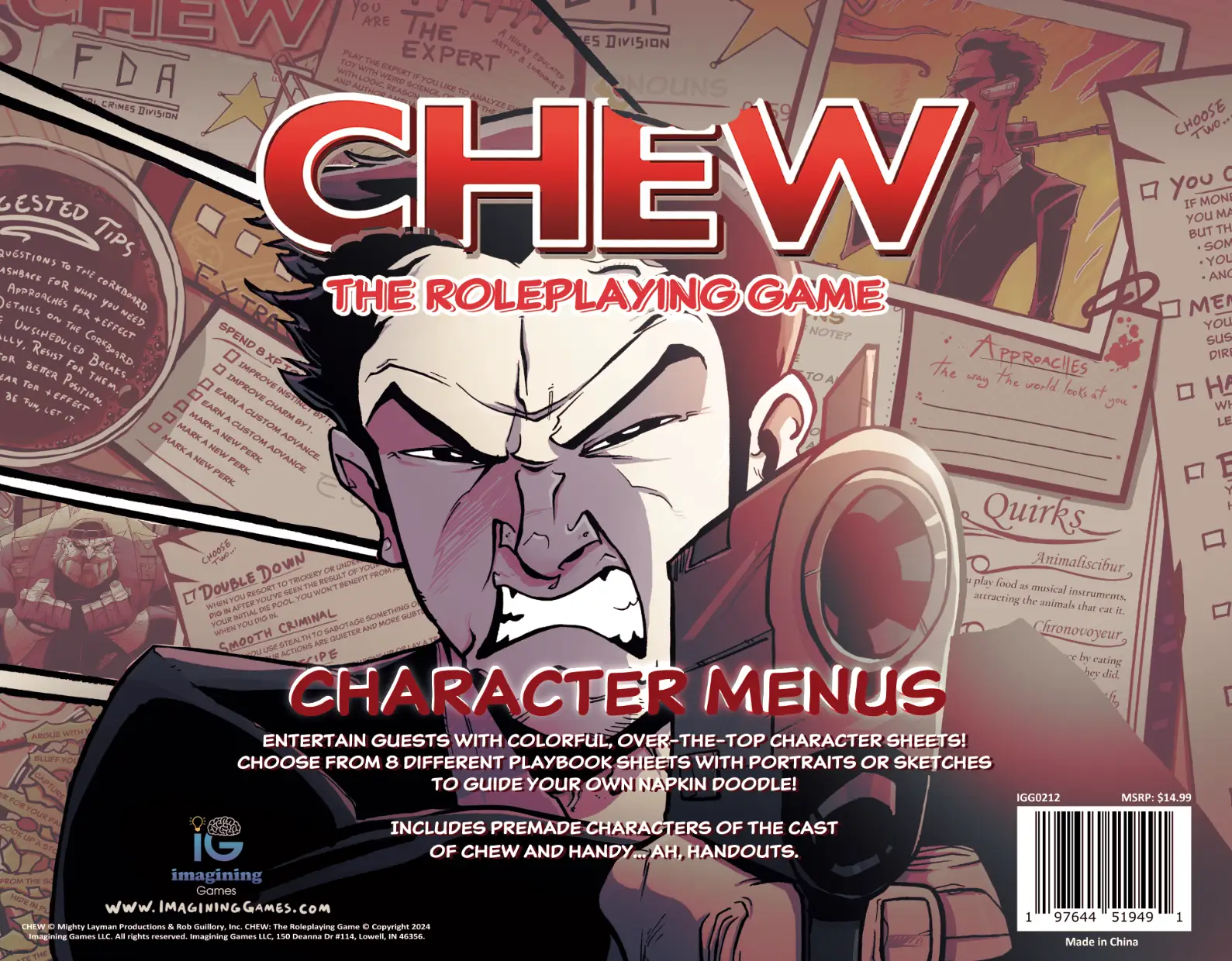 Image of CHEW: Character Menus RPG supplement by Imagining Games, showcasing detailed character sheets for role-playing games.