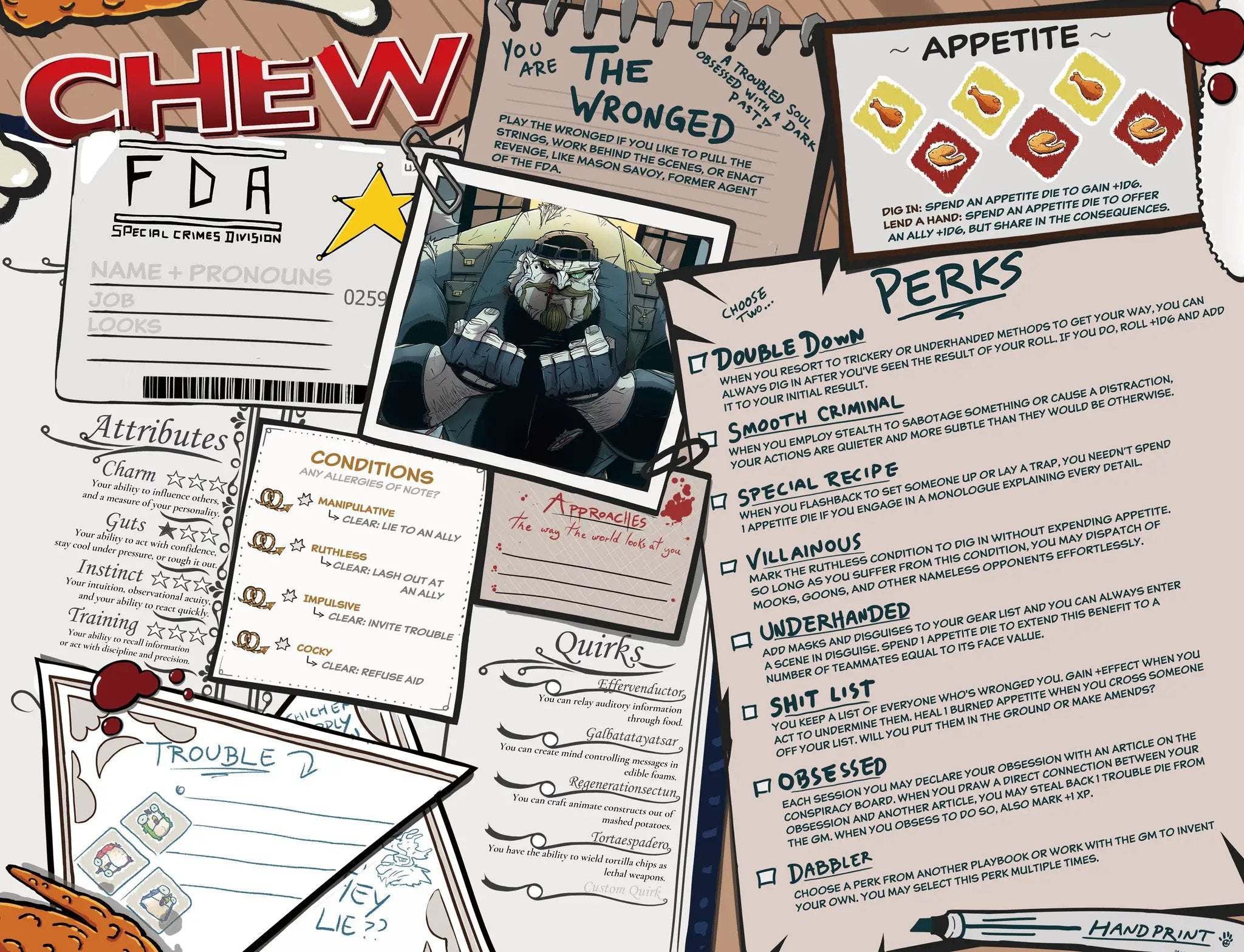 Role-playing game supplement featuring character menus for RPGs by Imagining Games, showing colorful character sheets and menu layouts.