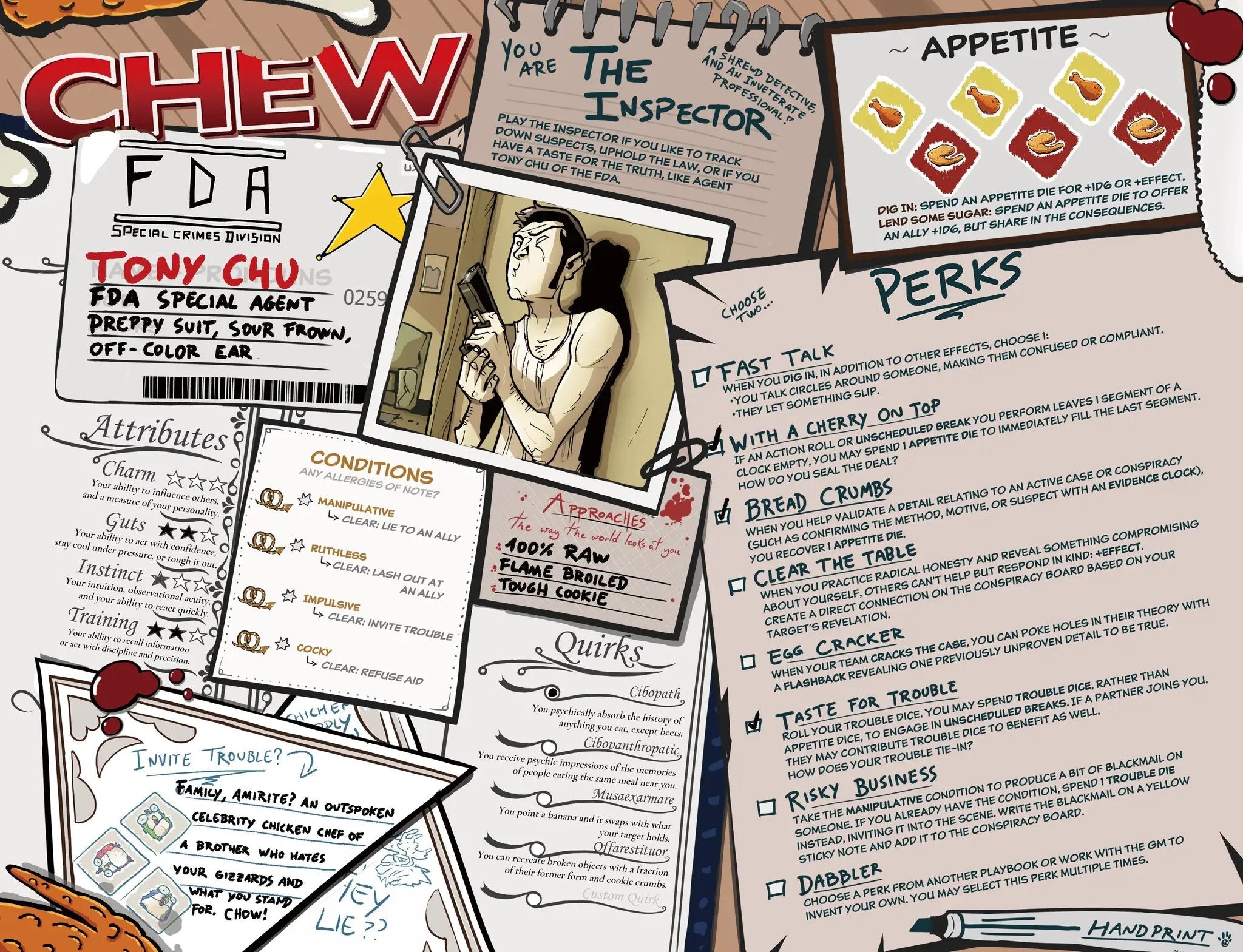 Image of CHEW: Character Menus RPG supplement by Imagining Games, featuring character sheets and menu layouts for role-playing games.