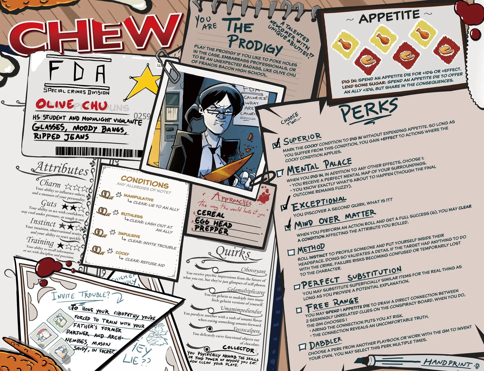 Role-playing game supplement box for CHEW: Character Menus by Imagining Games, featuring colorful character illustrations and RPG elements.