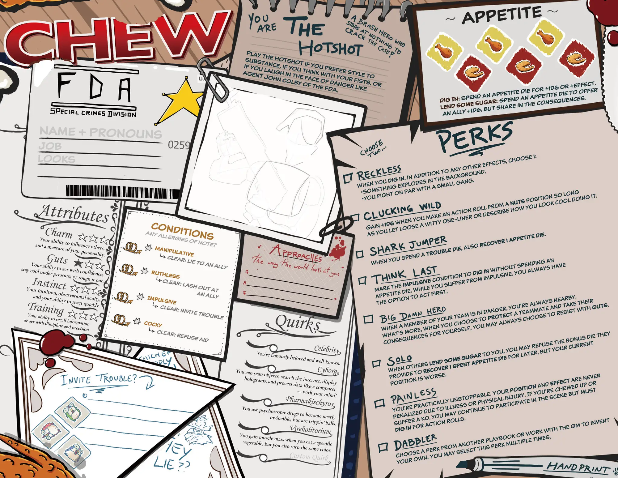 Image of CHEW: Character Menus RPG supplement by Imagining Games, featuring colorful character sheets for role-playing game sessions.