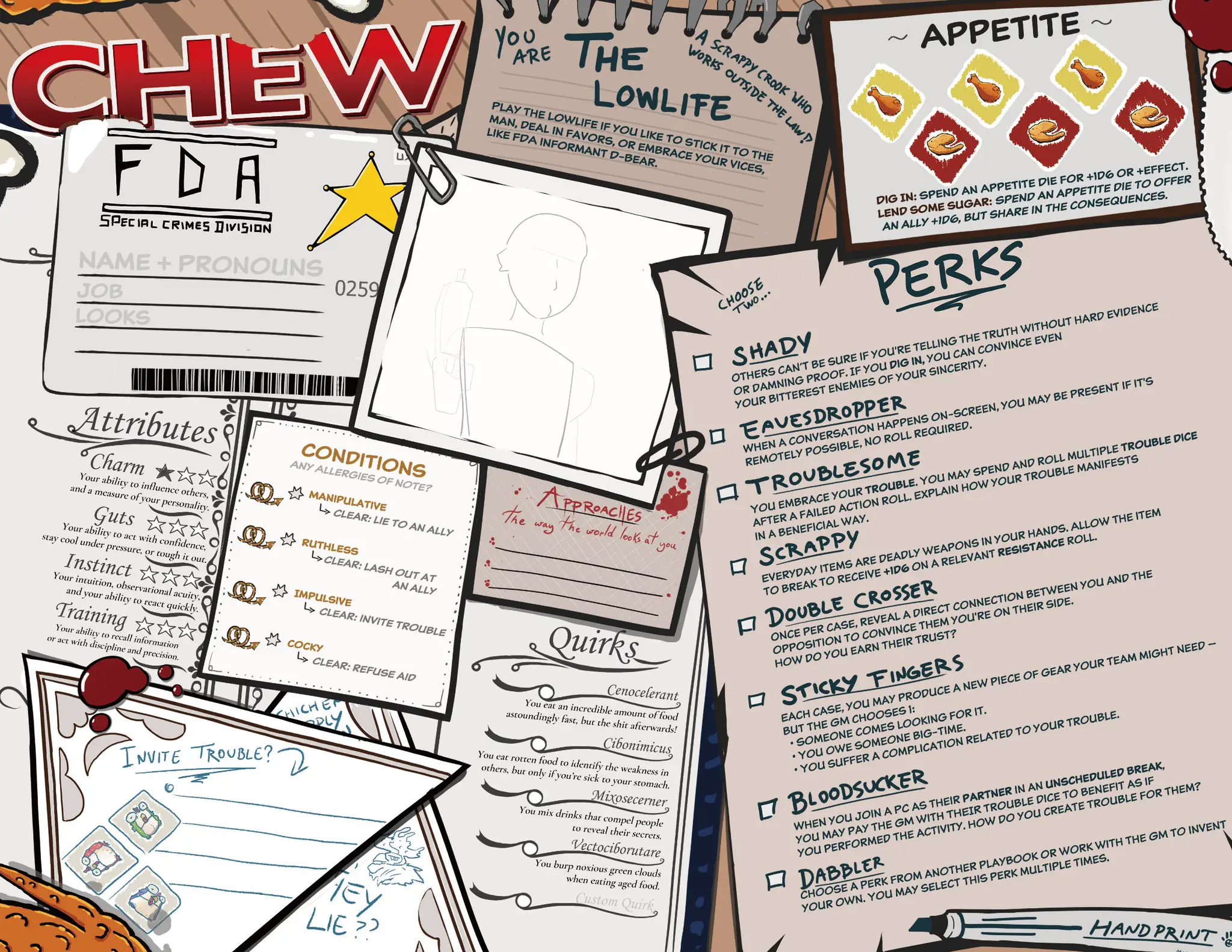 Image of CHEW: Character Menus RPG supplement by Imagining Games, showing role-playing game character sheets and menu options.