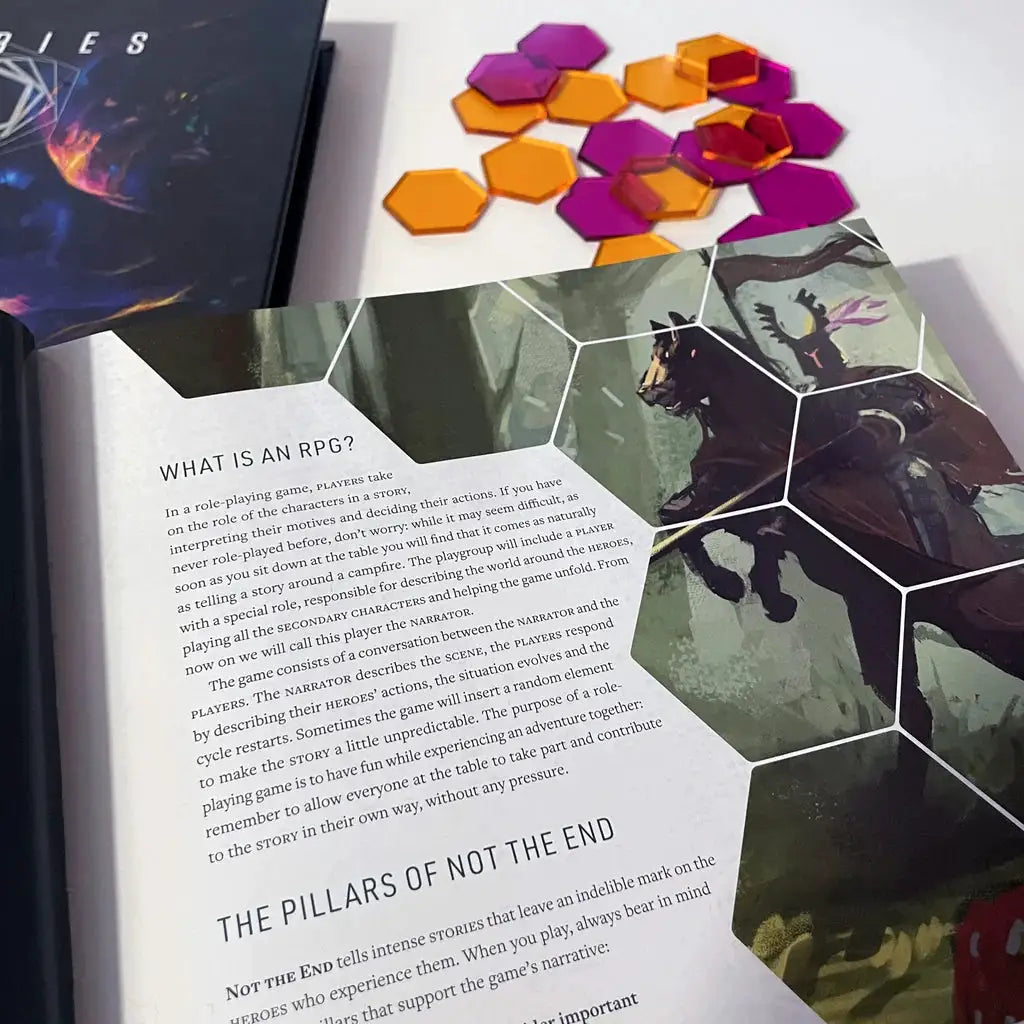 Hardcover of Stories RPG expansion by Imagining Games, featuring colorful cover art and game components for role-playing adventures.