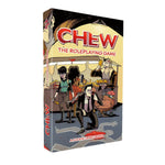Chew: The Roleplaying Game book and PDF by Imagining Games, featuring colorful cover art and RPG gameplay elements.