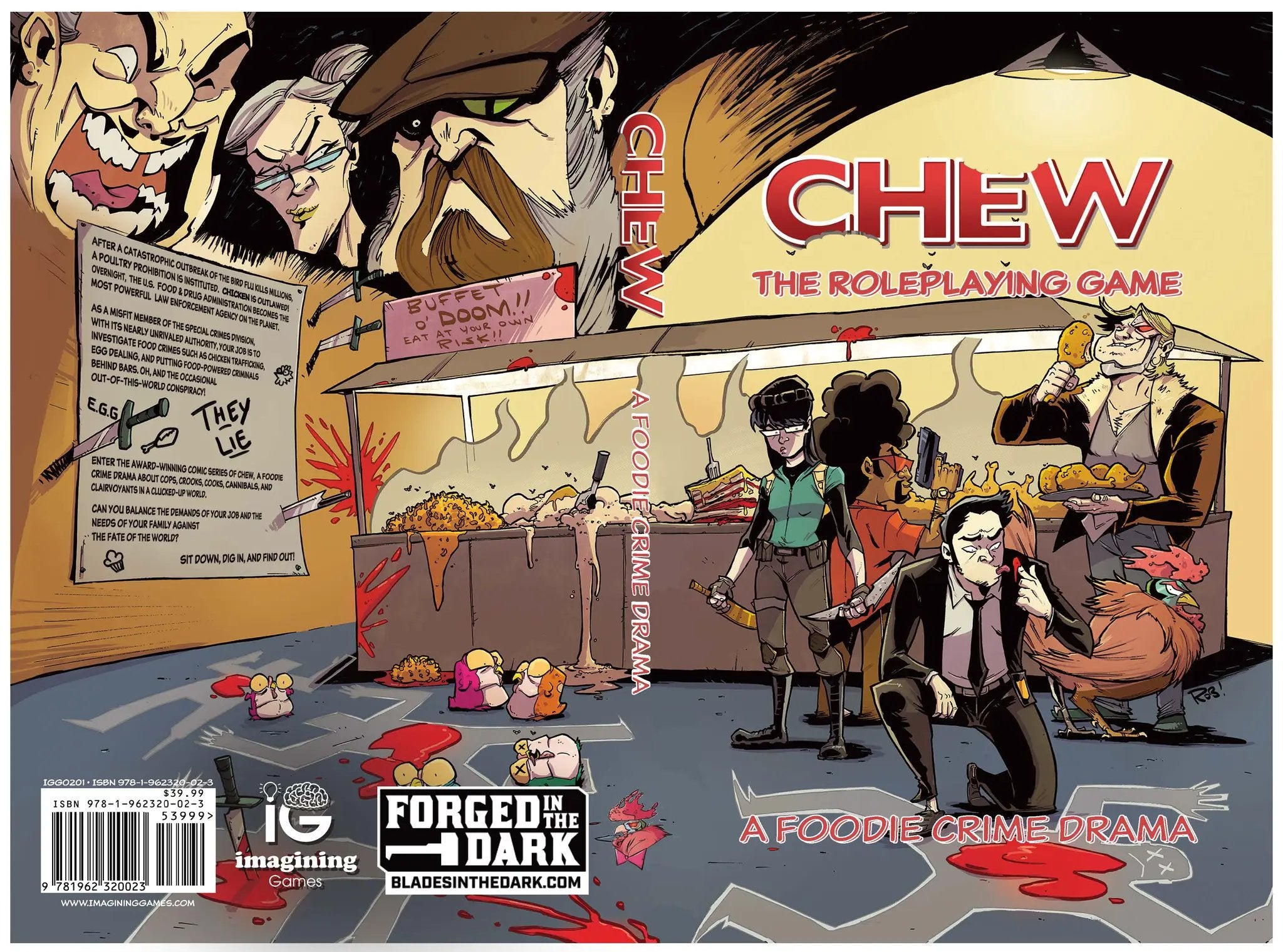Chew: The Roleplaying Game by Imagining Games, paperback book and PDF, featuring colorful cover art for the tabletop RPG.