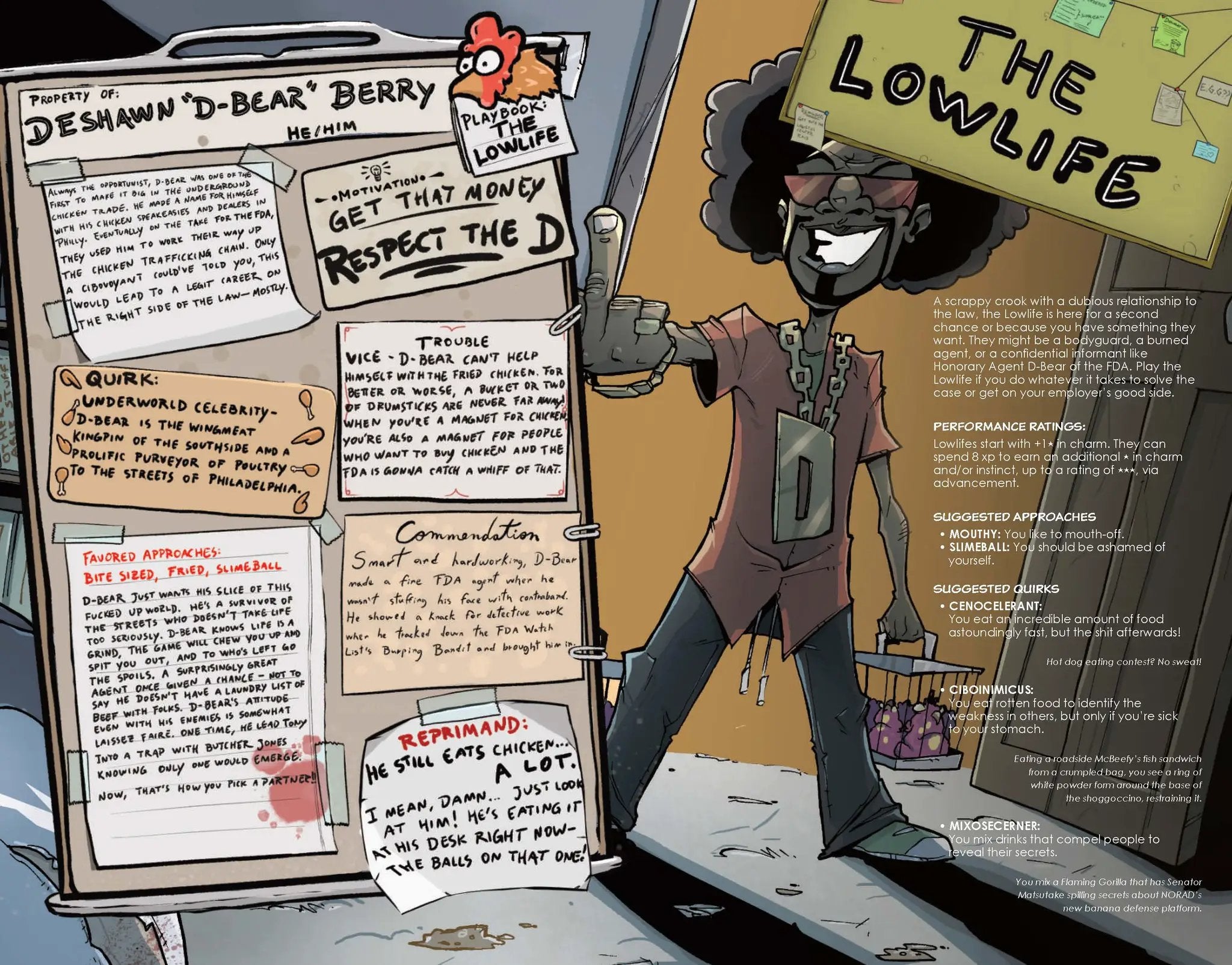 Chew: The Roleplaying Game RPG book and PDF by Imagining Games, featuring colorful cover art and tabletop game illustration.