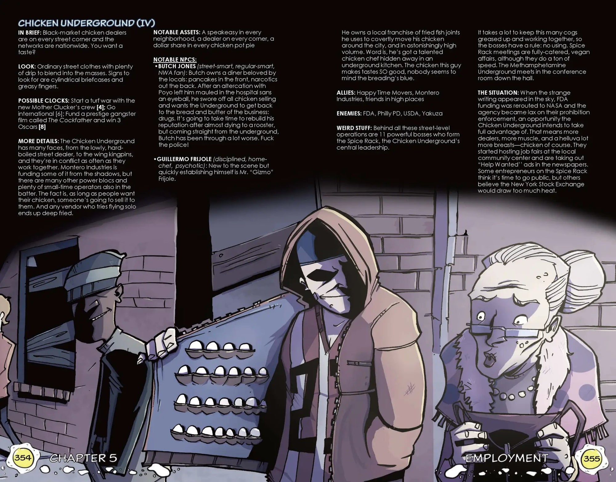 Chew: The Roleplaying Game book and PDF by Imagining Games, featuring colorful cover art and RPG gameplay illustrations.