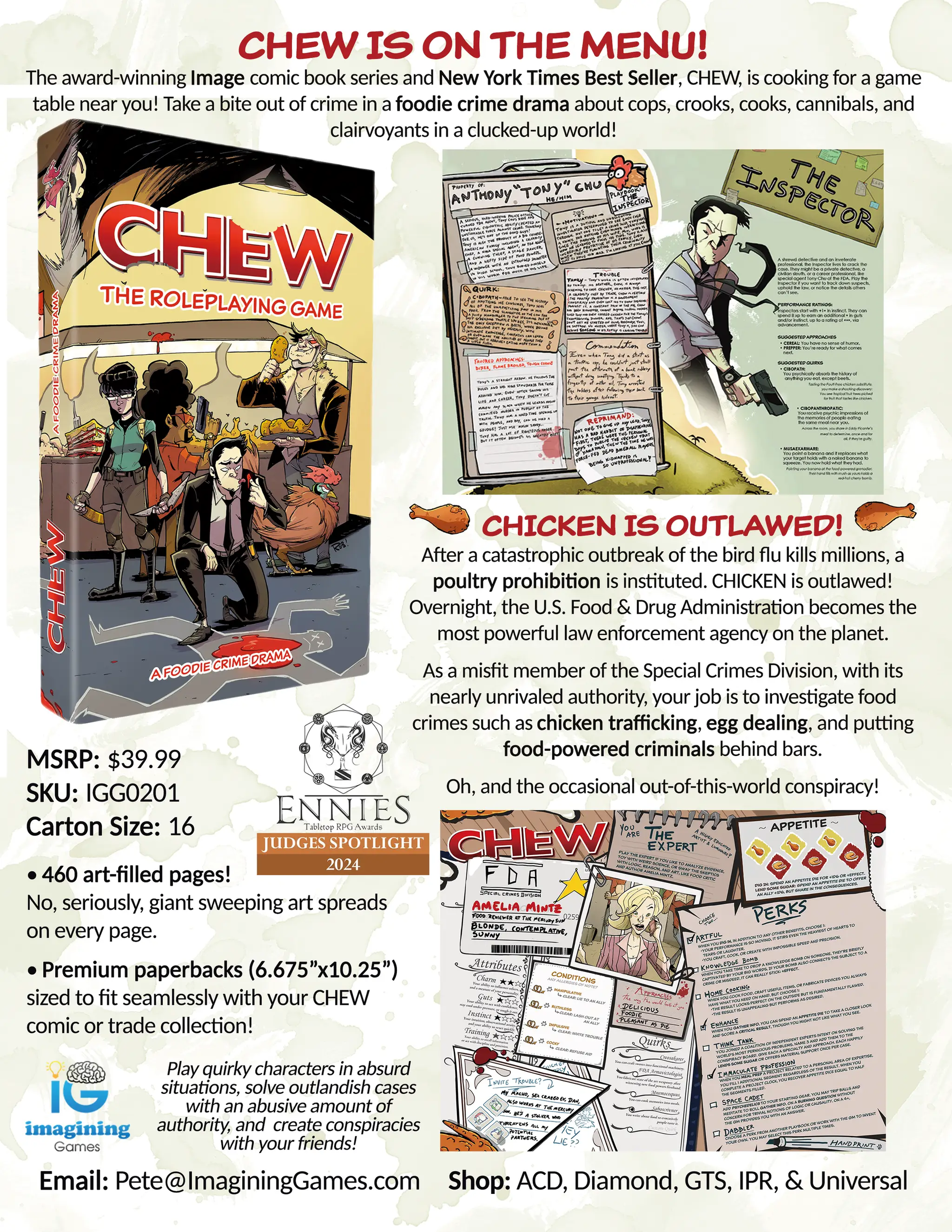 Imagining Games CHEW roleplaying game book and PDF, featuring colorful cover art and gameplay illustrations.