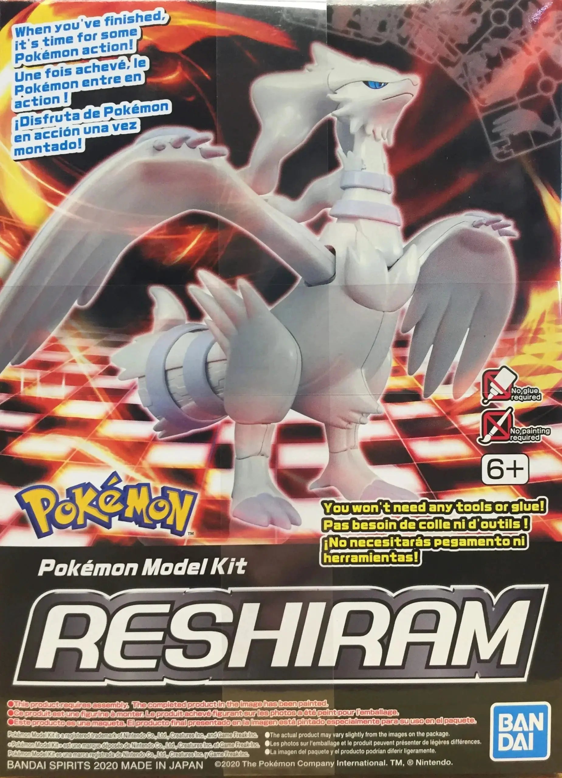 Reshiram Pokémon model kit by THE MIGHTY HOBBY SHOP, featuring detailed plastic figure with intricate design and vibrant colors.