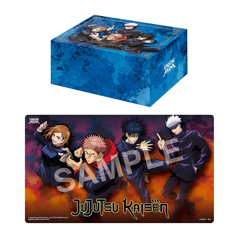 Union Arena Jujutsu Kaisen playmat and half storage box set from THE MIGHTY HOBBY SHOP, featuring vibrant anime-themed designs.