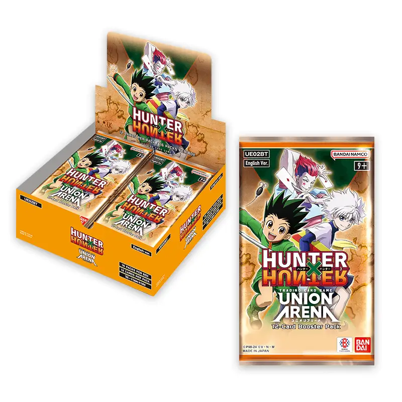 Union Arena Hunter x Hunter booster pack from The Mighty Hobby Shop featuring collectible trading cards and vibrant artwork.