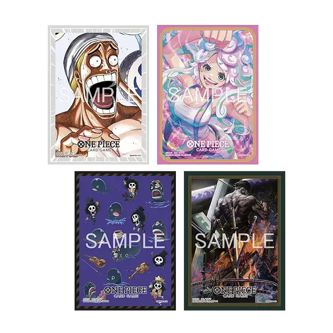 Official One Piece TCG card sleeves featuring colorful character artwork, designed to protect trading cards.