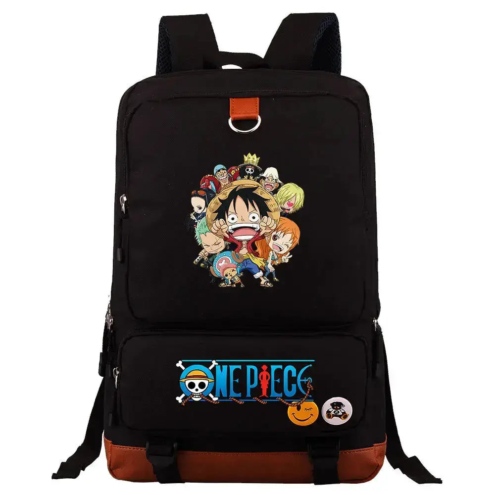 Unisex backpack featuring One Piece Luffy print, Infinite Visibility brand, suitable for school or travel with adjustable straps.