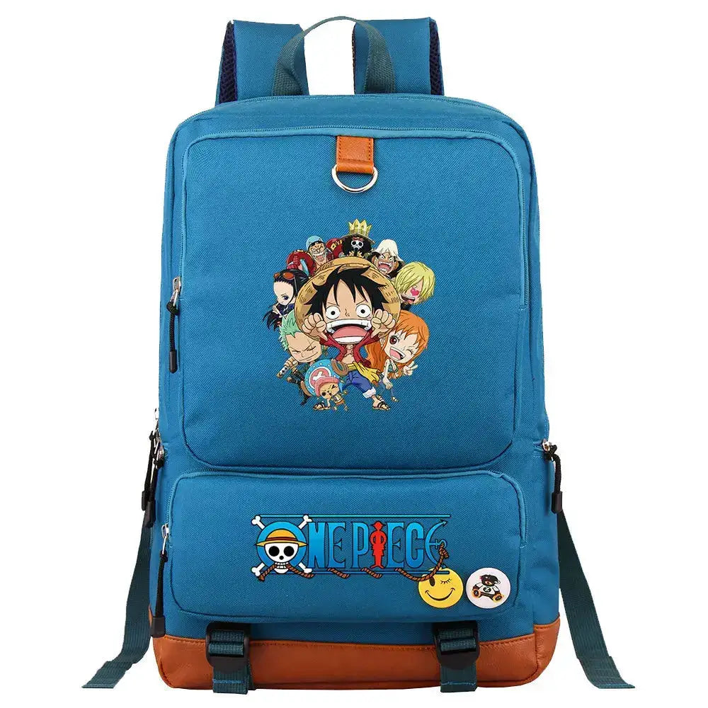 Unisex backpack featuring One Piece Luffy print, ideal for school or travel, by Infinite Visibility with adjustable straps and spacious interior.