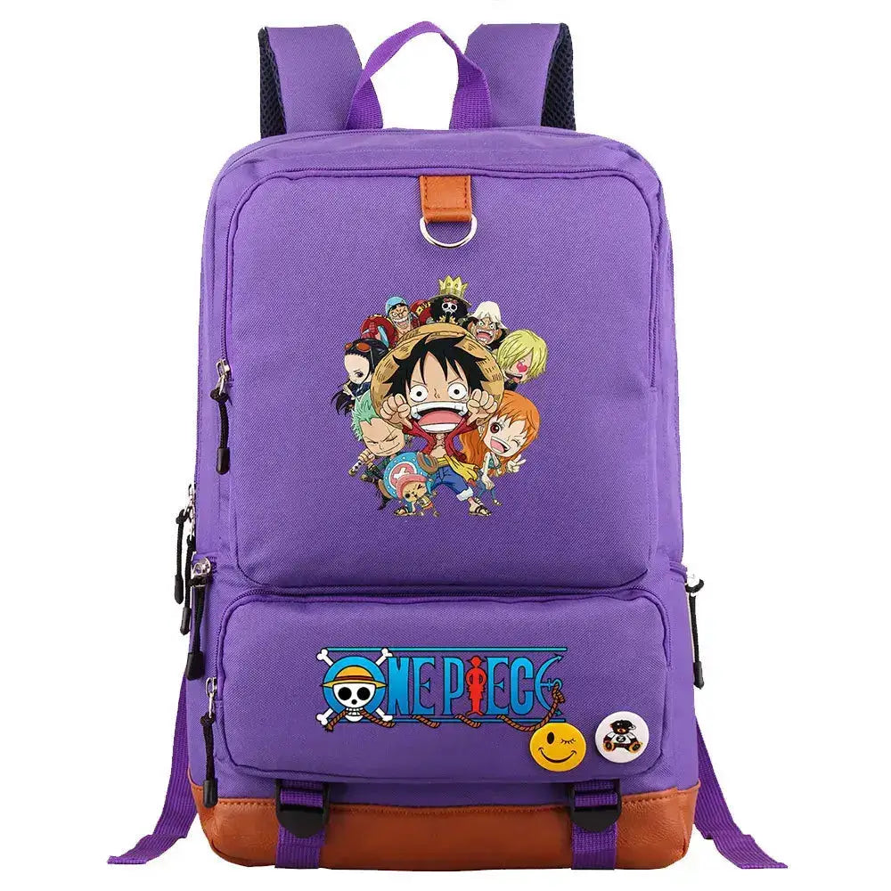 Unisex backpack featuring One Piece Luffy print, Infinite Visibility brand, suitable for school or travel, with colorful character design.