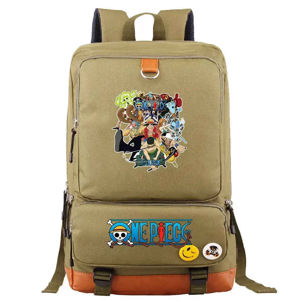Unisex backpack featuring Luffy printed design from One Piece, ideal for school or travel, by Infinite Visibility.