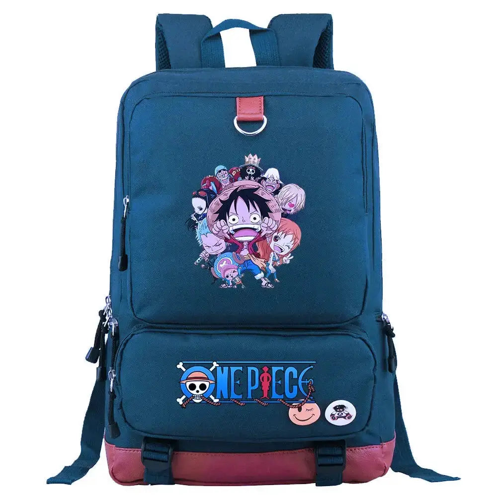 Unisex backpack featuring a Luffy print from One Piece, designed for school or travel, by Infinite Visibility.