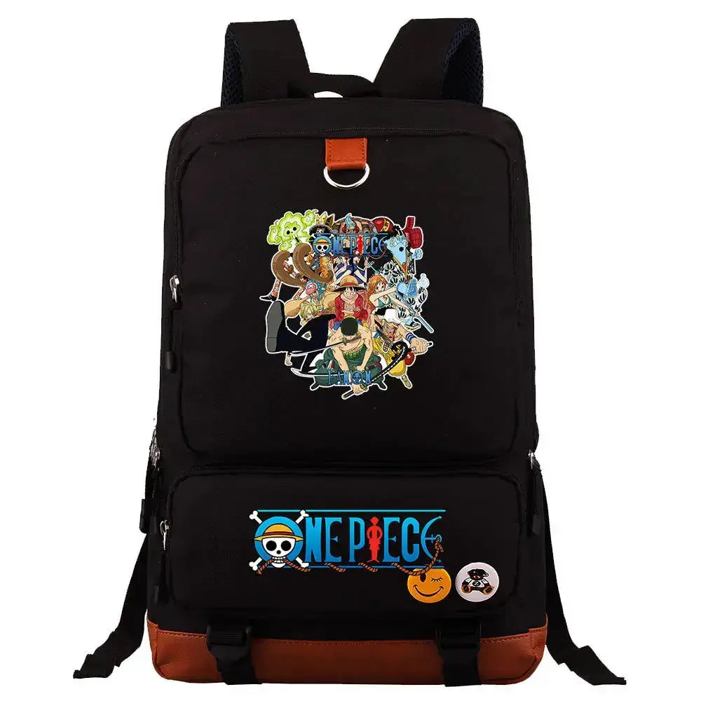 Unisex backpack featuring One Piece Luffy print, ideal for school or travel, from Infinite Visibility with adjustable straps and spacious interior.