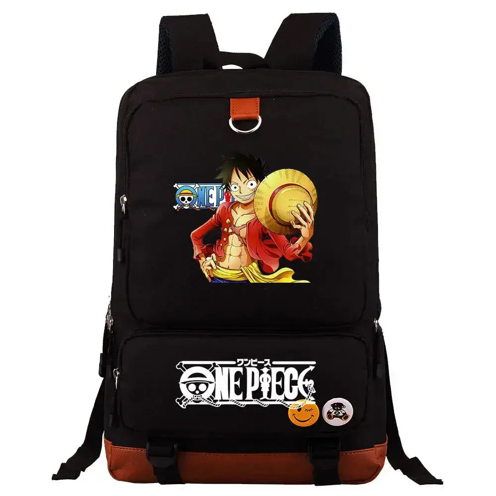 Unisex backpack featuring One Piece Luffy print, suitable for school and travel, by Infinite Visibility.