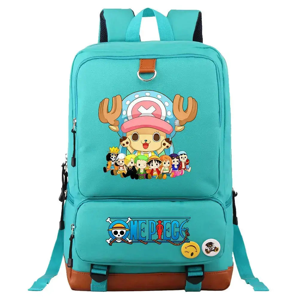 Unisex backpack featuring One Piece Luffy print, Infinite Visibility brand, suitable for school and travel, with adjustable straps.