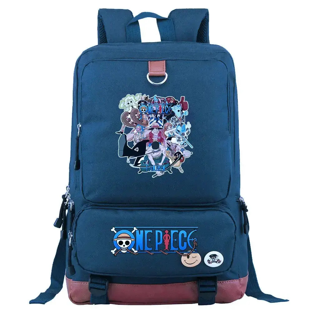 Unisex backpack featuring Luffy print from One Piece, ideal for school or travel, by Infinite Visibility.