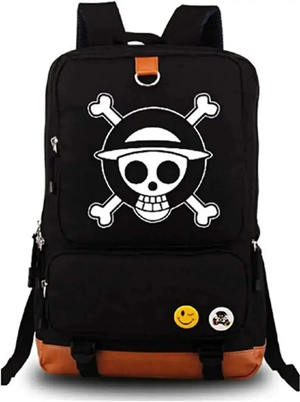 Unisex backpack featuring One Piece Luffy print, suitable for school or travel, by Infinite Visibility, with adjustable straps and spacious interior.