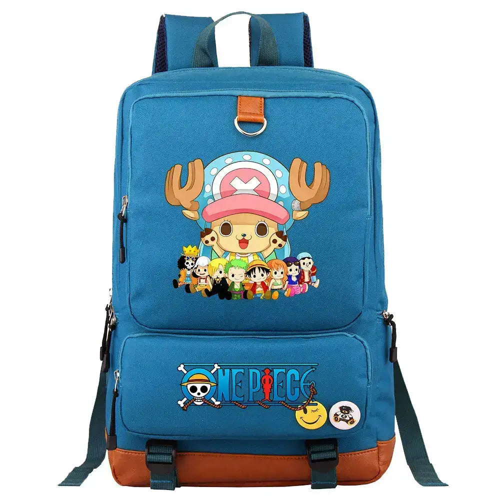 Unisex backpack featuring One Piece Luffy print by Infinite Visibility, ideal for school or travel purposes.