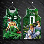 Basketball jersey featuring Luffy, Zoro, and Tatum No. 0 design by Infinite Visibility, displayed on a hanger.