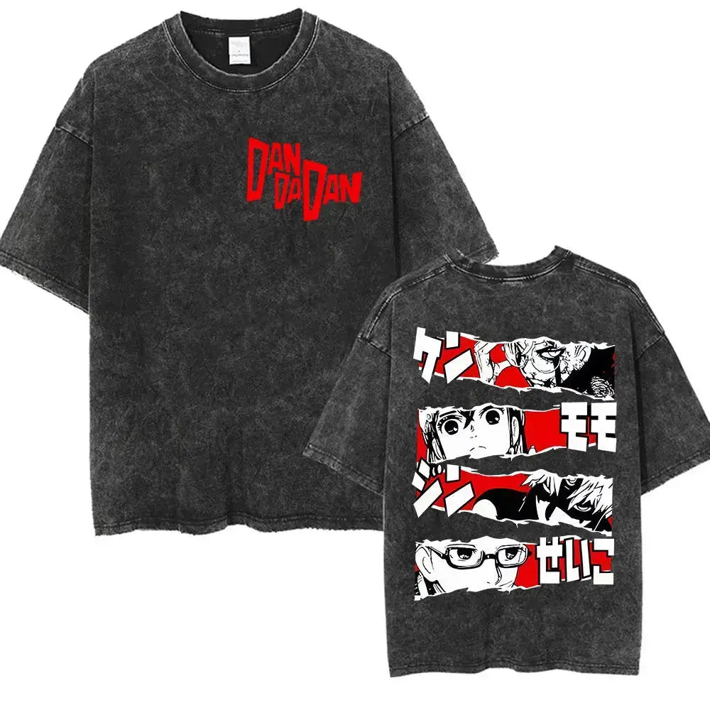 Vintage washed Dandadan Okarun graphic T-shirt by Infinite Visibility featuring bold manga-inspired artwork on soft cotton fabric.