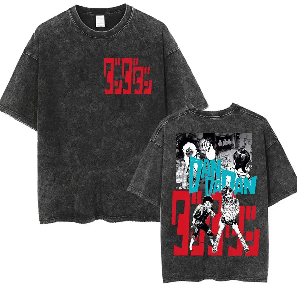 Vintage washed Dandadan Okarun graphic T-shirt by Infinite Visibility featuring colorful manga-inspired artwork on soft fabric.