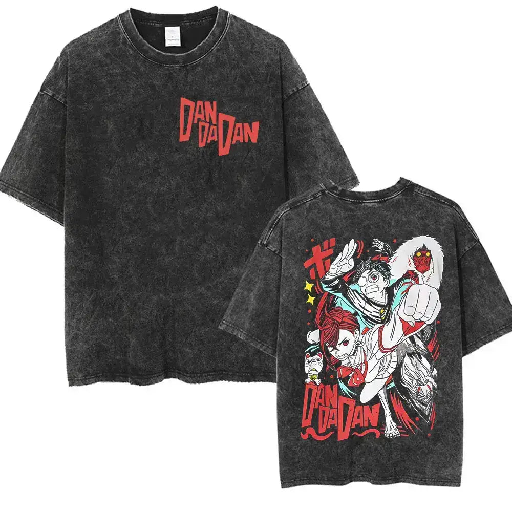 Vintage washed Dandadan Okarun graphic T-shirt by Infinite Visibility, featuring bold comic-style artwork on a casual tee.