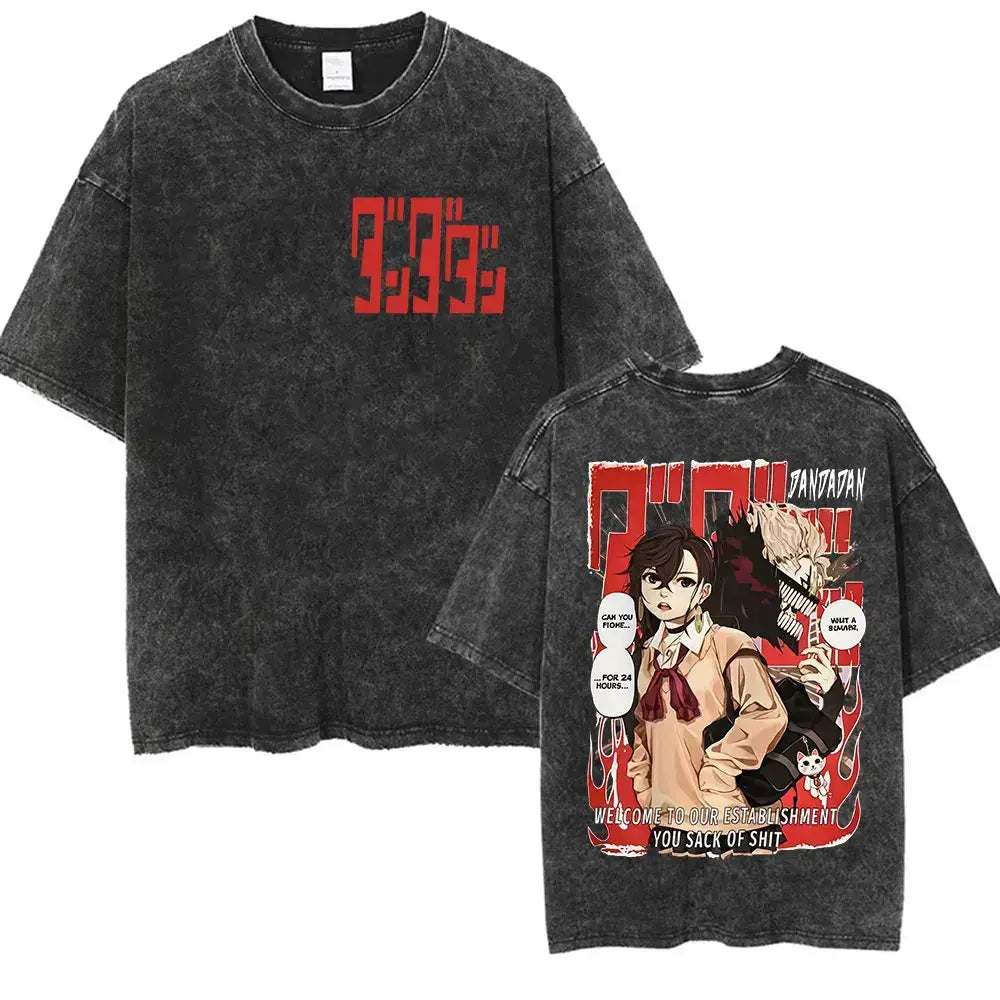 Vintage washed Dandadan Okarun graphic T-shirt by Infinite Visibility, featuring colorful anime-inspired character illustration.