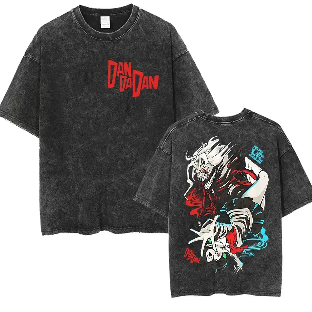 Vintage washed Dandadan Okarun graphic T-shirt by Infinite Visibility, featuring a colorful anime-inspired design on soft cotton fabric.