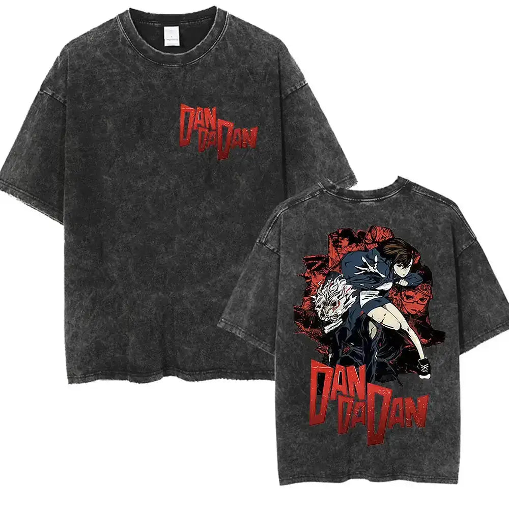 Vintage washed Dandadan Okarun graphic T-shirt by Infinite Visibility, featuring colorful cartoon-style artwork on soft fabric.