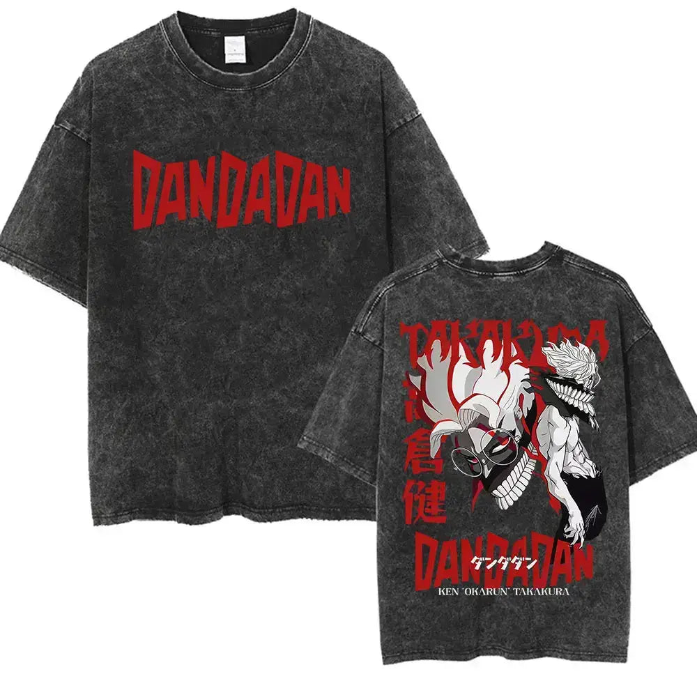 Vintage washed Dandadan Okarun graphic T-shirt by Infinite Visibility, featuring colorful manga-inspired artwork on soft fabric.