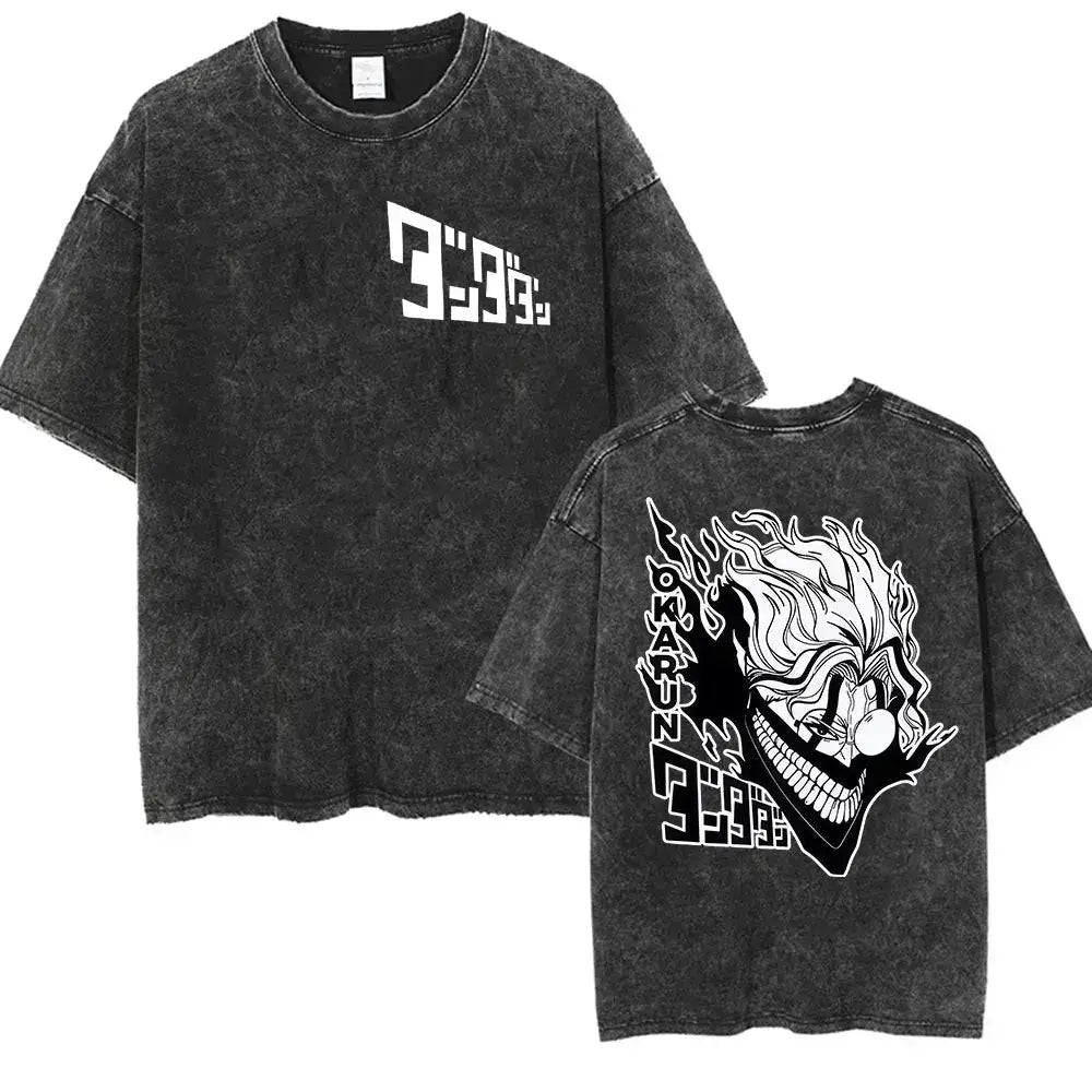 Vintage washed Dandadan Okarun graphic T-shirt by Infinite Visibility, featuring bold anime-inspired artwork and casual fit.